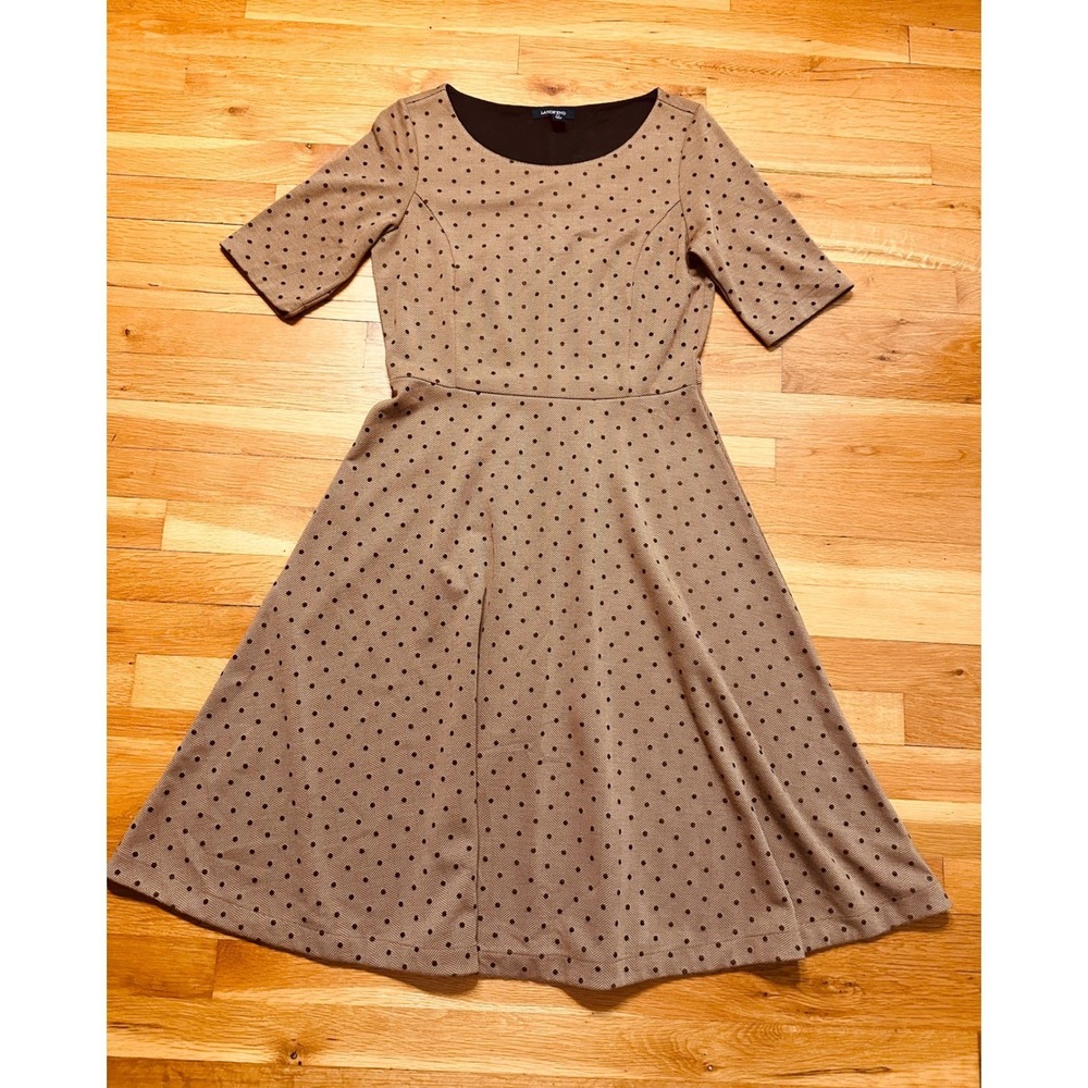 Lands End Womens Polka Dot Herringbone Fit and Flare Dress Tan Black Small 6-8